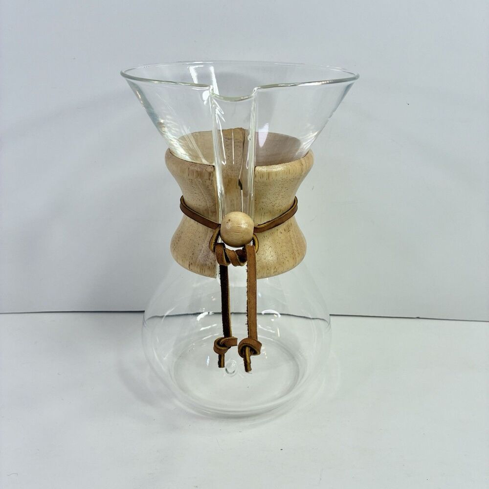 Chemex Pour Over Coffee Maker Blown Glass Wood Collar 8.5" Tall